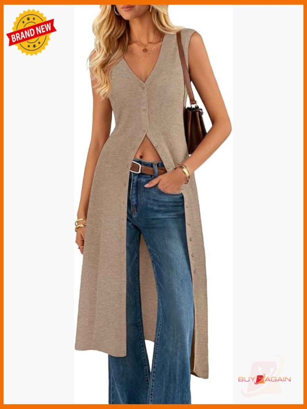 Sleeveless Long Cardigan V Neck Oversized Button Duster Vest Beach Cover Up